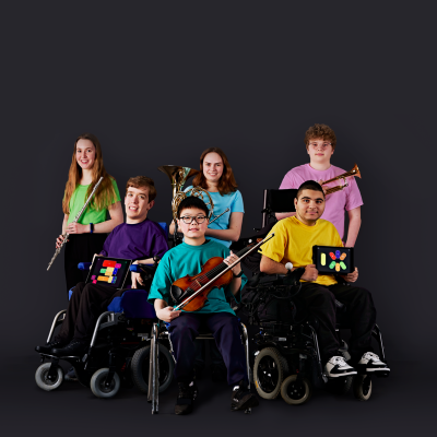Six young musicians hold their instruments